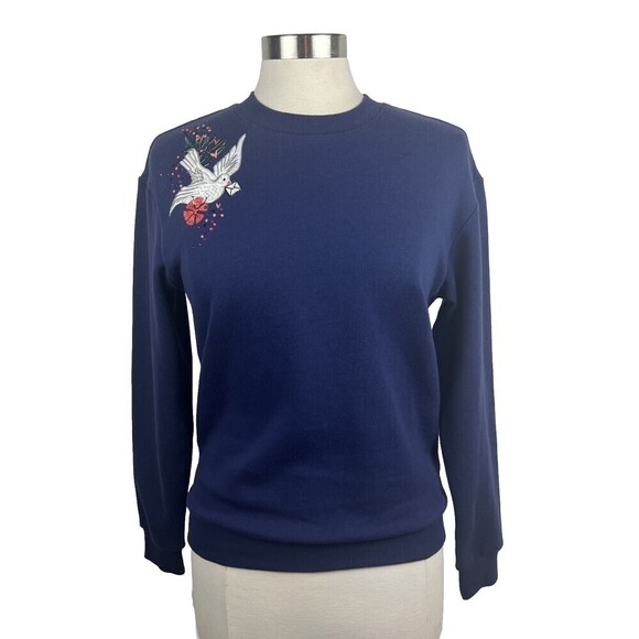 & Other Stories Sweatshirt 2 Womens Blue Bird Embroidered Long Sleeves Cotton - Picture 1 of 8